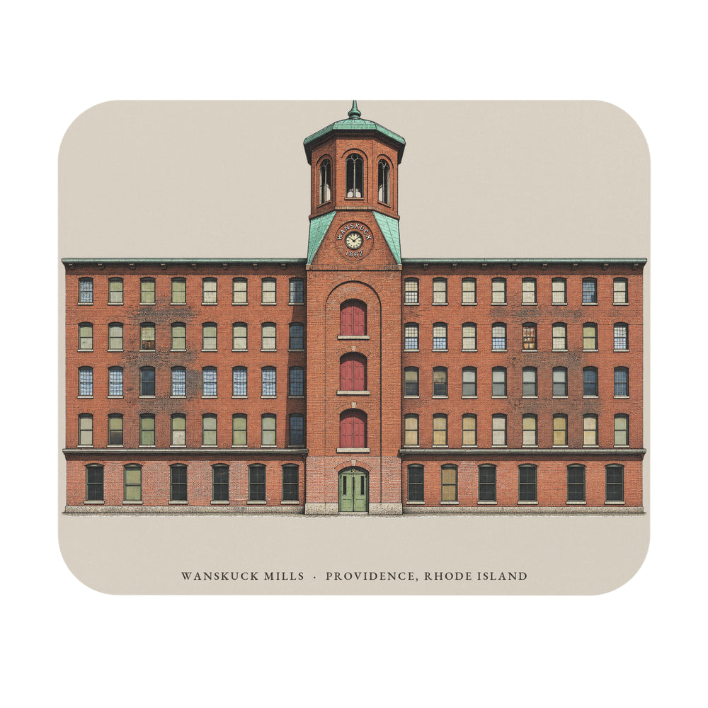 Providence Wanskuck Mills mouse pad mockup showing the full illustrated print