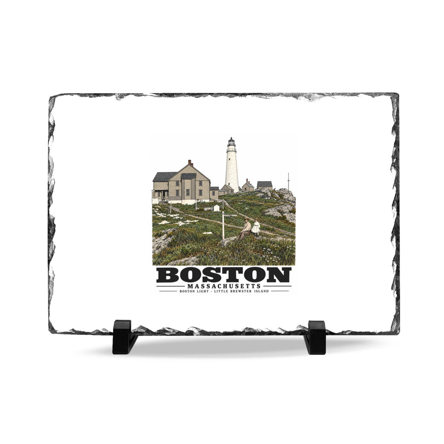 Boston Lower Light and Little Brewster, East 7 × 11 in Slate Desk Plaque - Boston Harbor