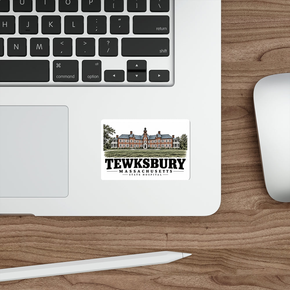 Laptop display of State Hospital white die-cut sticker, Tewksbury, Massachusetts.