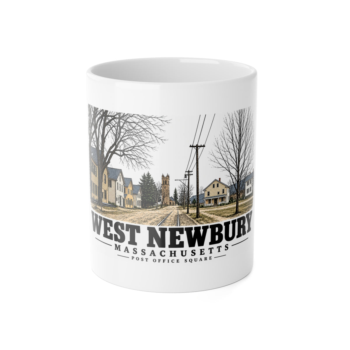 Front of Post Office Square white ceramic mug, West Newbury, Massachusetts.