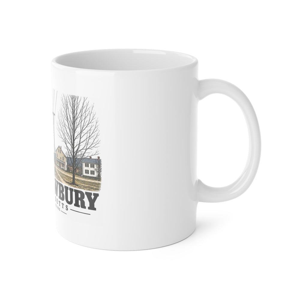 Right-handle side view of Post Office Square white ceramic mug, West Newbury, Massachusetts.