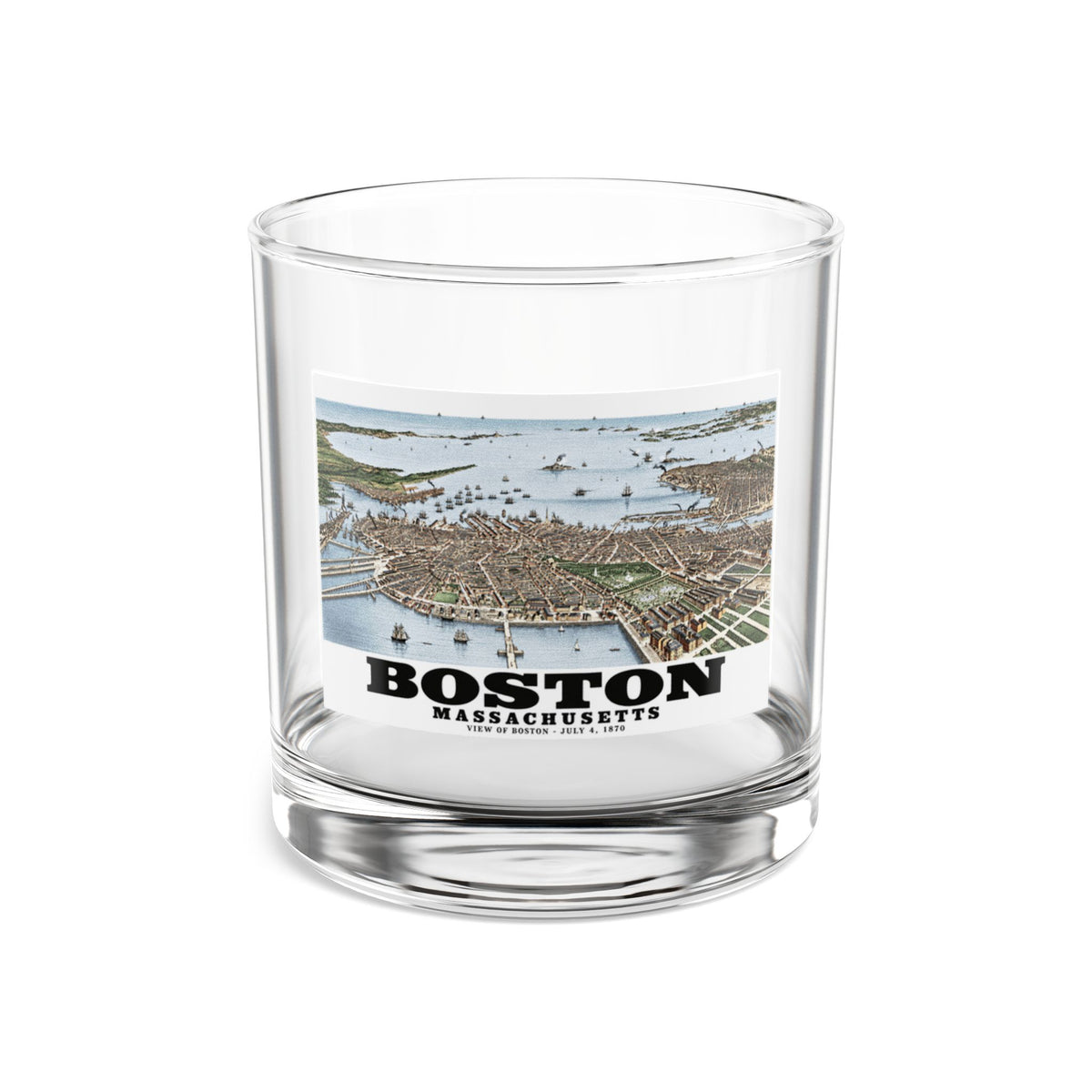 Clear rocks glass showing historic Boston harbor panorama with boats and waterfront buildings artwork and Boston lettering