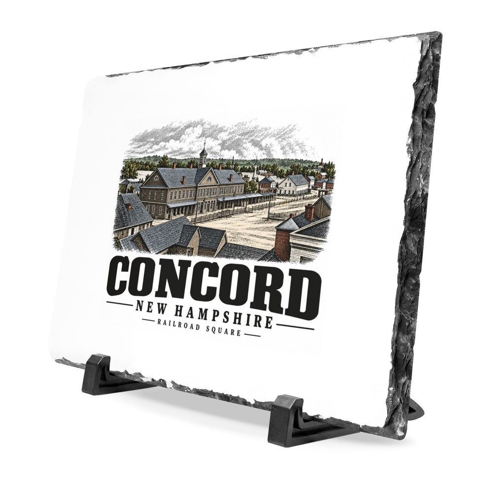 Illustrated Railroad Square in 1858, showing Portsmouth Railroad station in Concord on slate desk plaque