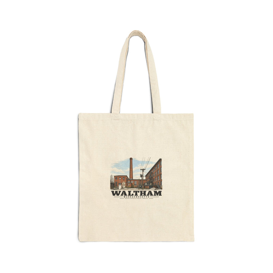 Front view of the natural canvas tote with Waltham Boston Manufacturing Company power plant artwork.