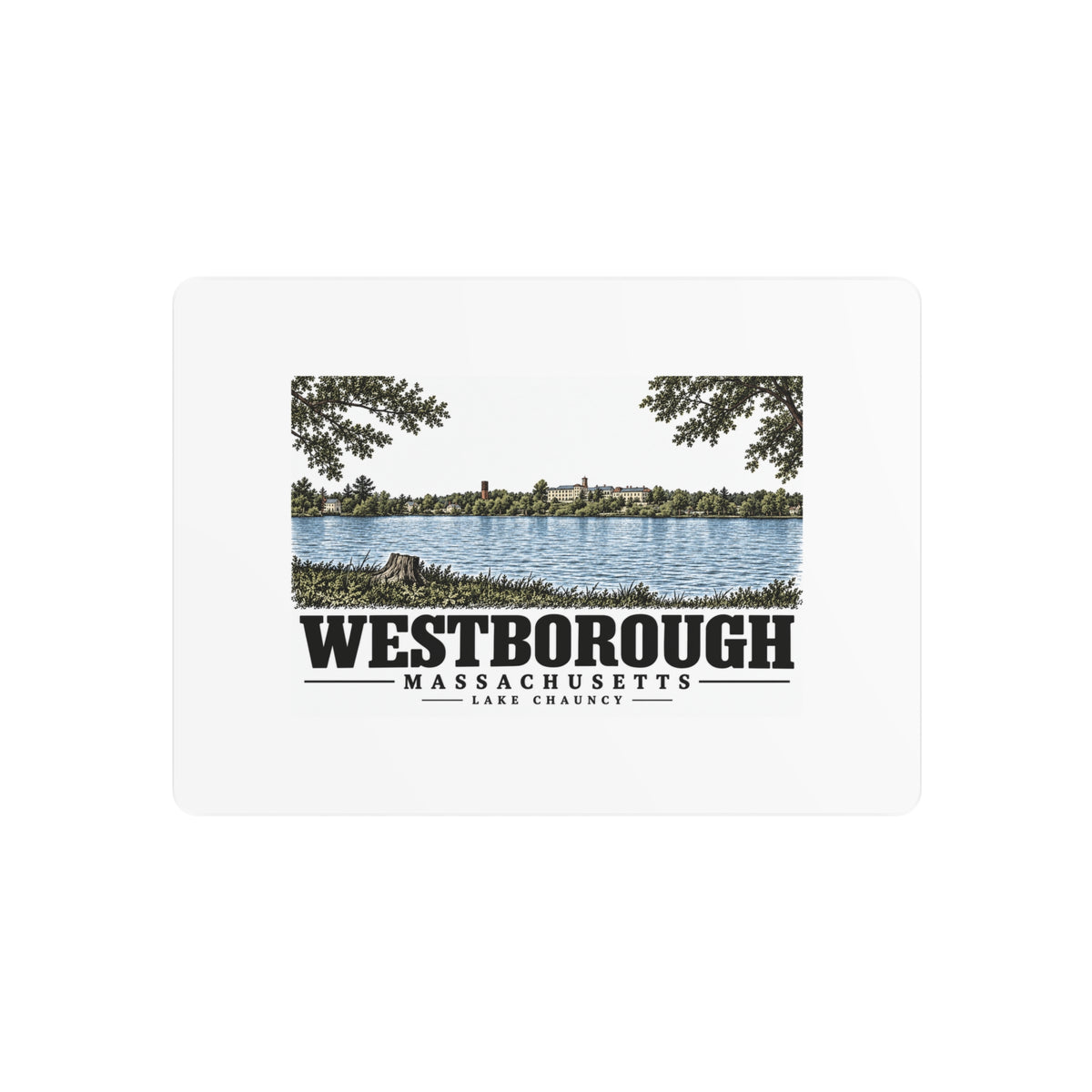 Illustrated Lake Chauncy in Westborough on metal art sign
