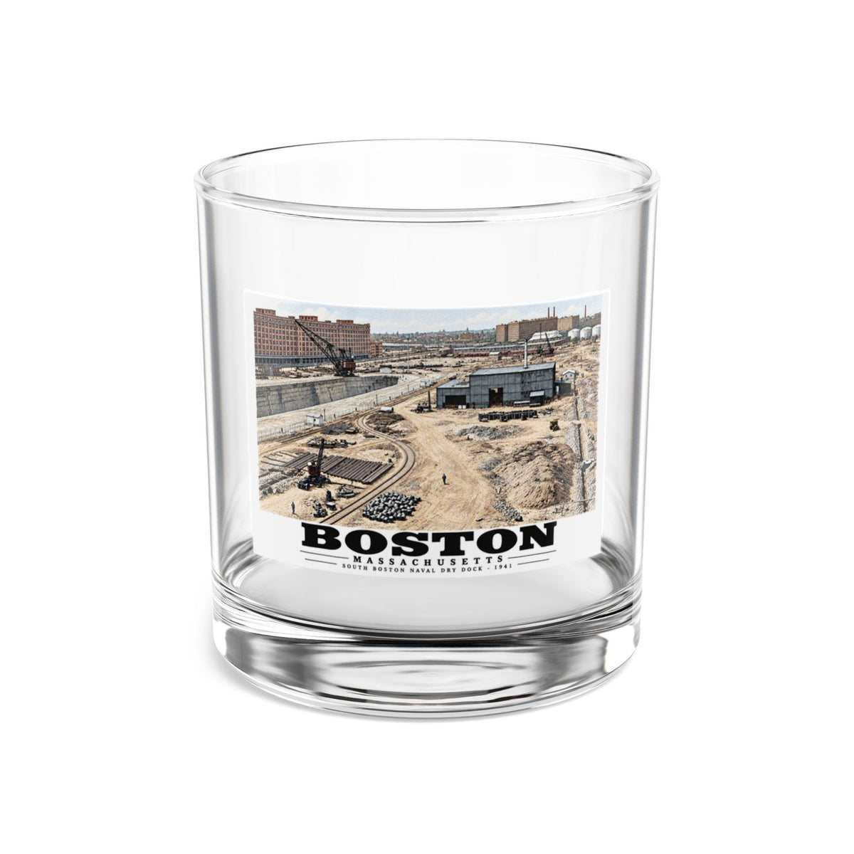 South Boston Dry Dock Area April 16-41 from roof of elevator shaft NW 10 oz Rocks Glass - Boston Harbor