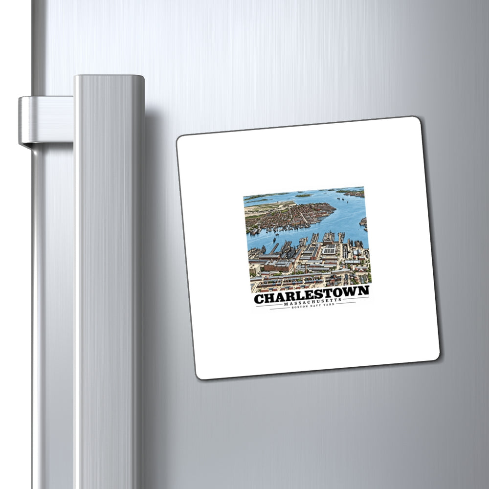 Illustrated Charlestown Navy Yard from the Harbor in Charlestown on square magnet