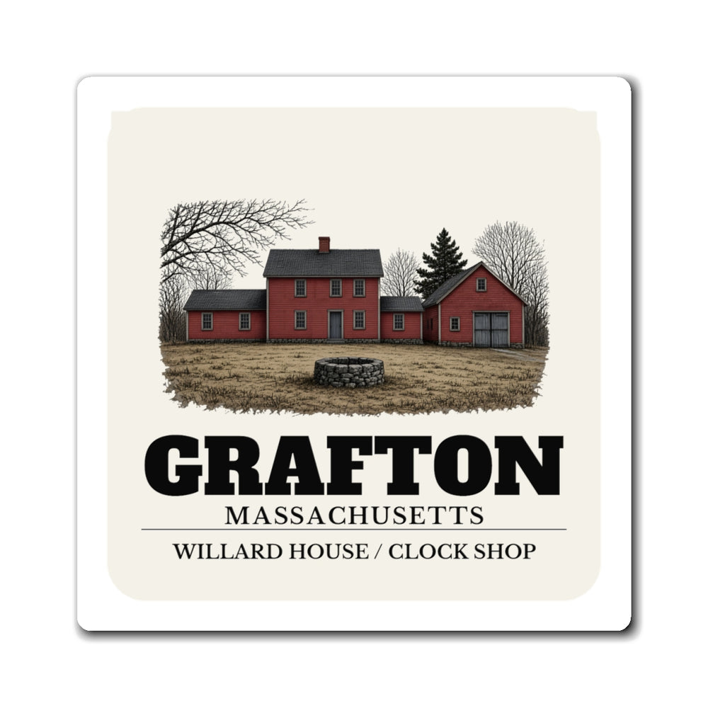Grafton Willard House / Clock Shop 4 inch magnet shown on a refrigerator