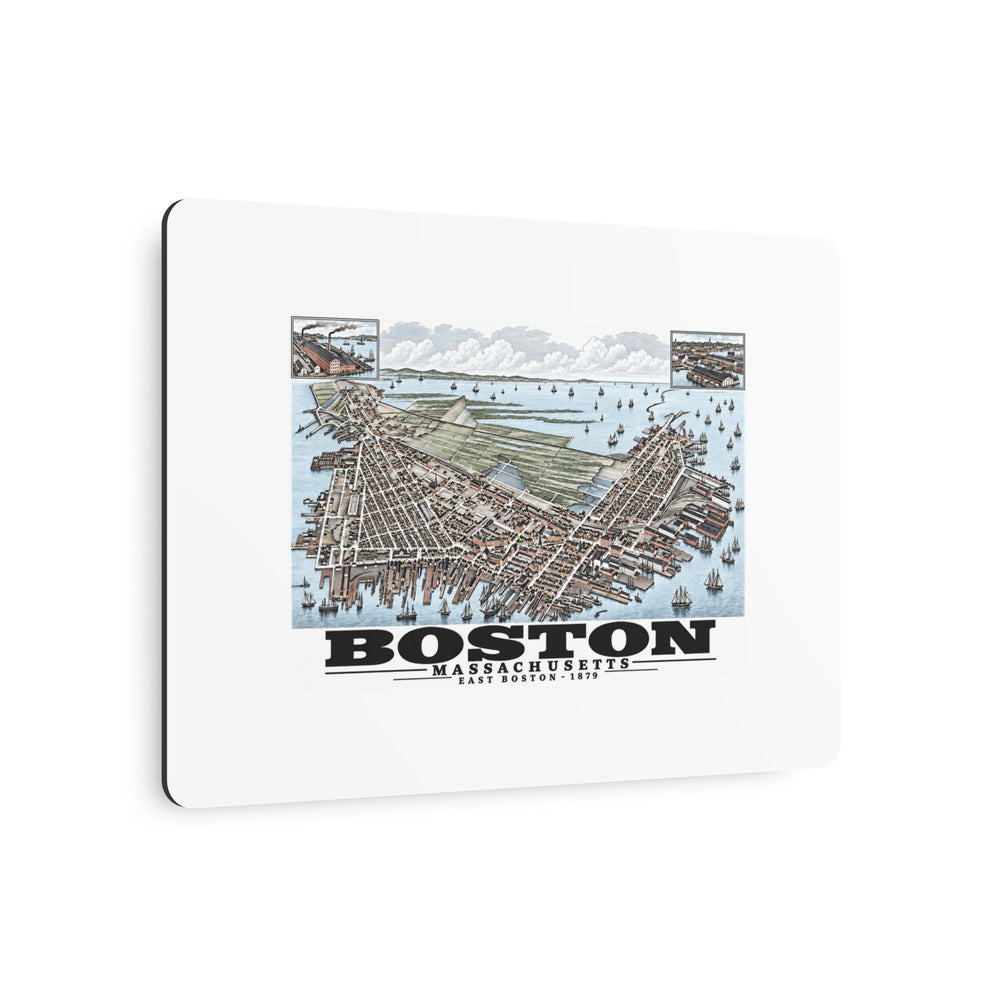 Angled view of East Boston bird-eye city and harbor panorama with inset views metal print with its dark edge visible
