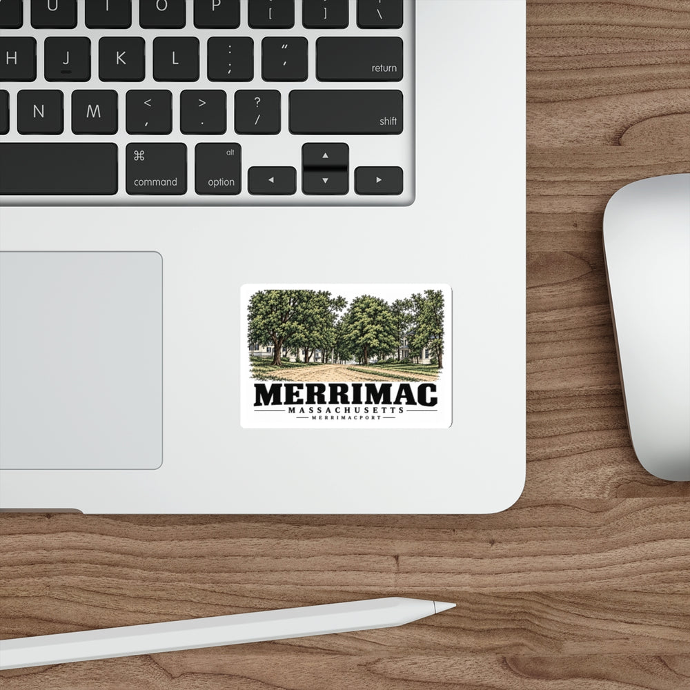 Laptop display of Merrimac Street white die-cut sticker, with Merrimac, Massachusetts artwork and lettering.