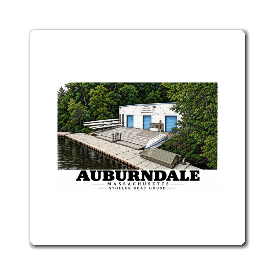 Front view of the square magnet with Auburndale Stoller Boathouse artwork on a white background.