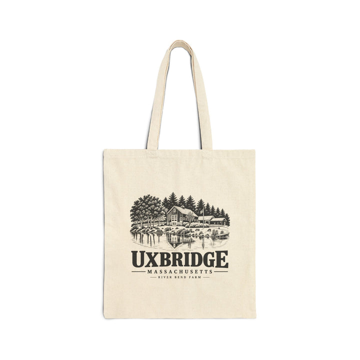 Natural canvas tote with Uxbridge River Bend Farm artwork, front view