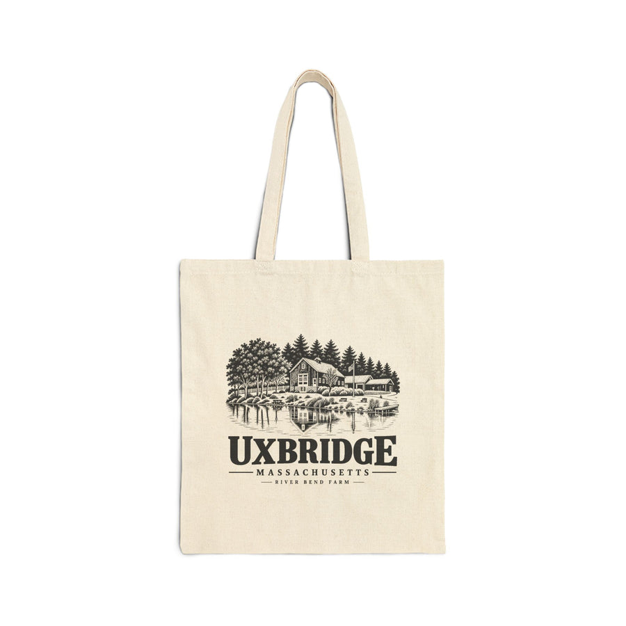 Natural canvas tote with Uxbridge River Bend Farm artwork, front view