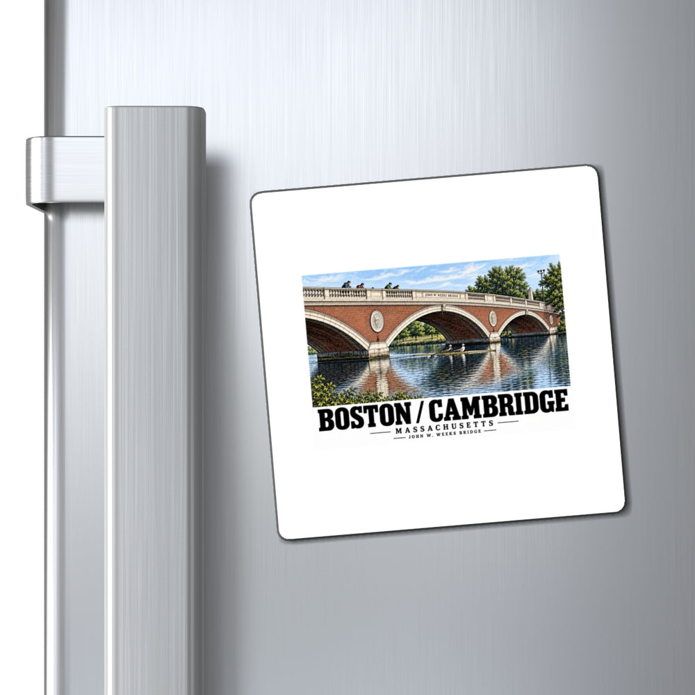 John W. Weeks Bridge and scullers magnet on a refrigerator beside its handle