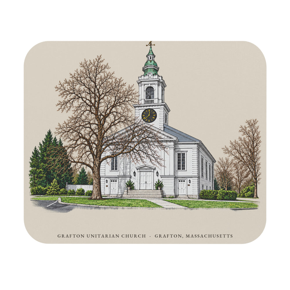 Grafton Unitarian Church at Grafton Common mouse pad mockup showing the full illustrated print