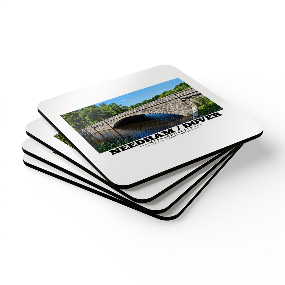 Stack of square coasters with South Street Bridge stone arch and river artwork visible on the top coaster