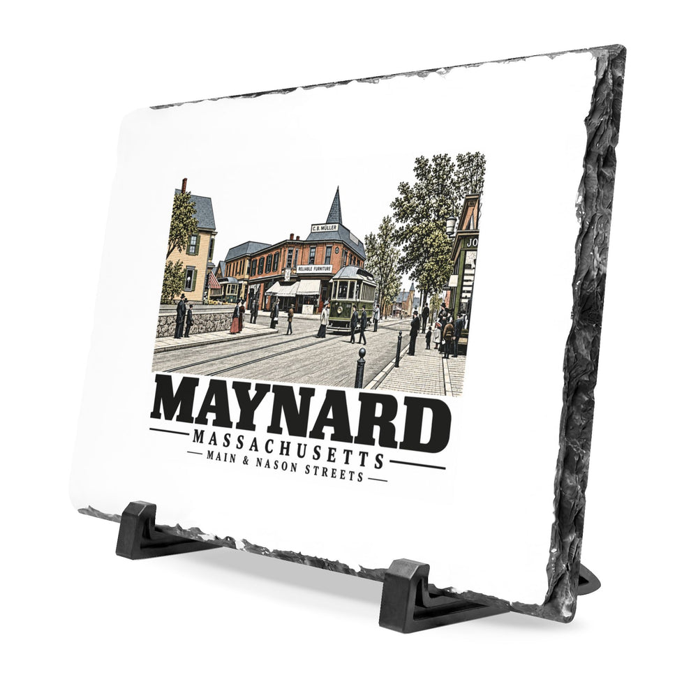 Illustrated Main & Nason Streets in Maynard on slate desk plaque