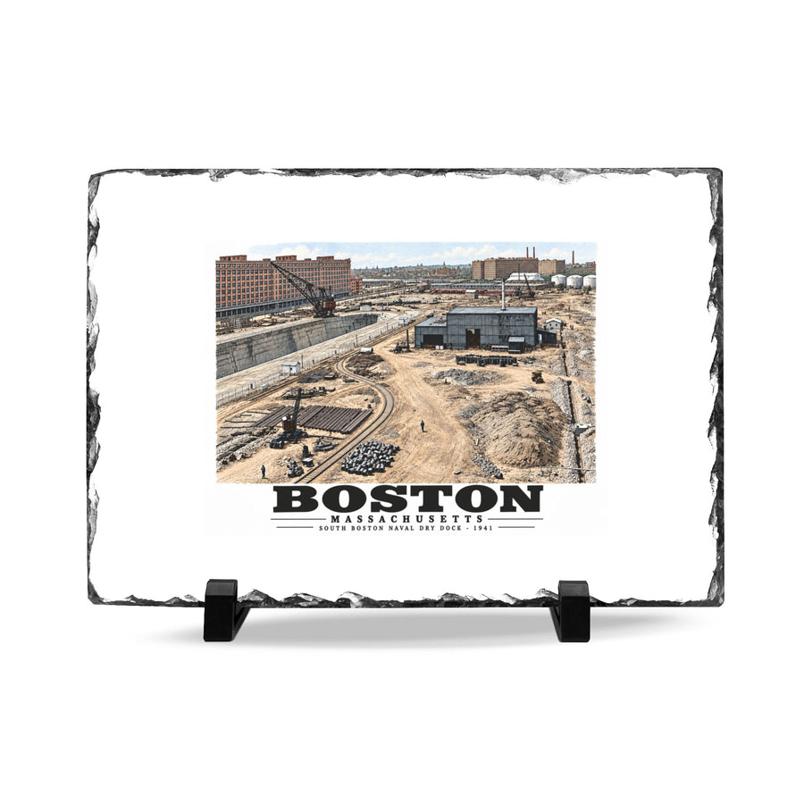 South Boston Dry Dock Area April 16-41 from roof of elevator shaft NW 7 × 11 in Slate Desk Plaque - Boston Harbor