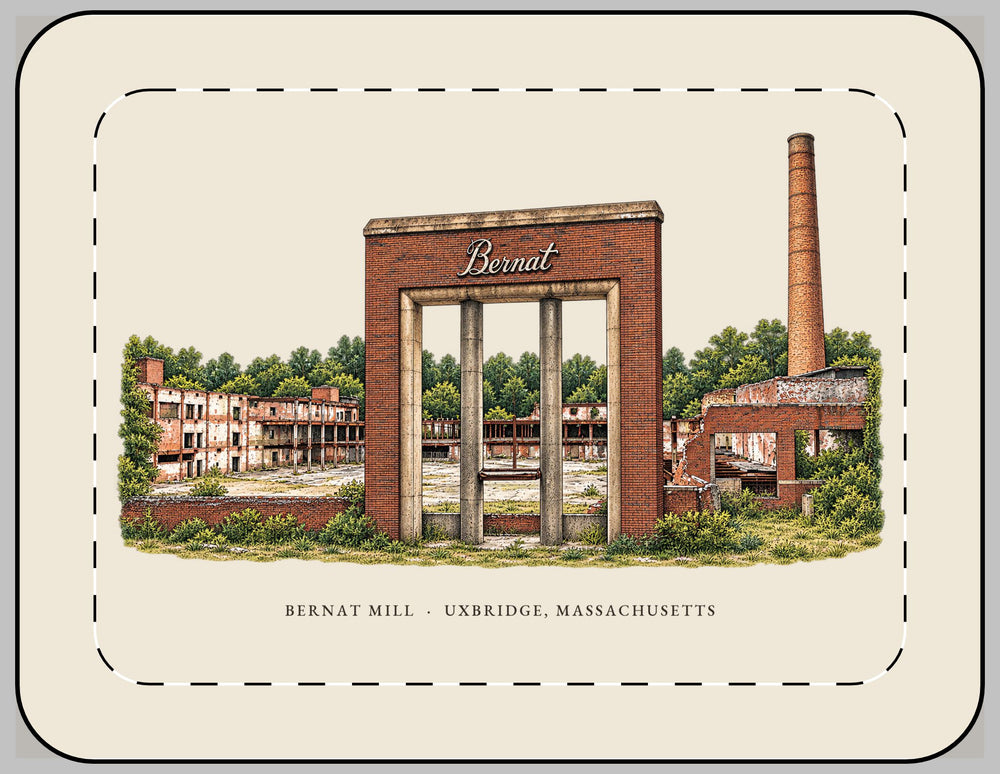 Uxbridge Bernat Mill 13-inch laptop sleeve mockup showing the full illustrated print