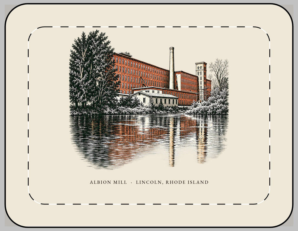 Lincoln Albion Mill 13-inch laptop sleeve mockup showing the full illustrated print