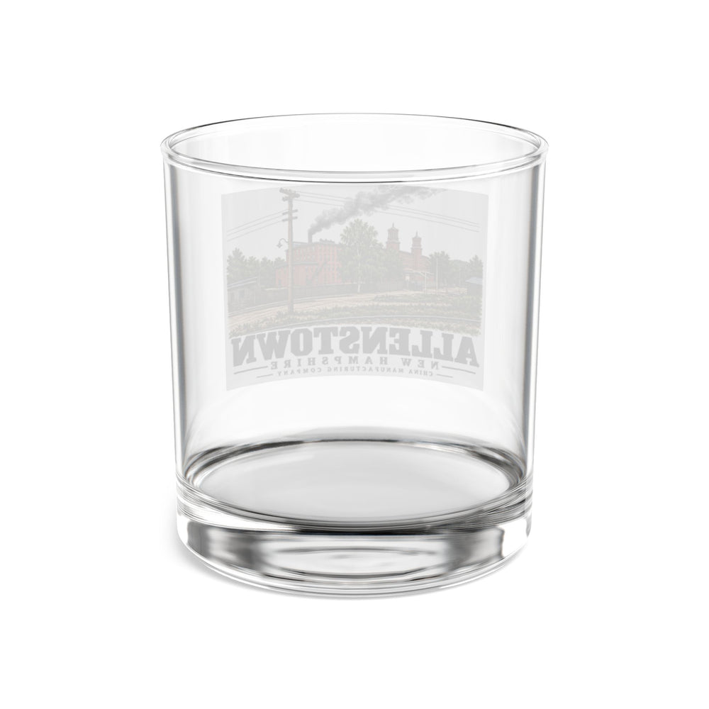 China Manufacturing Company mill with rail tracks, Allenstown illustration on 10 oz rocks glass — rear view through clear glass