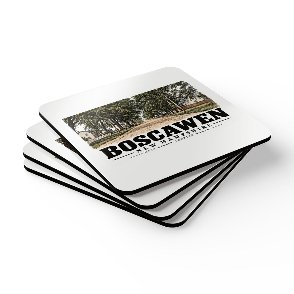 Stack of four coasters of Main Street Looking North square cork-backed coaster set, Boscawen, New Hampshire.