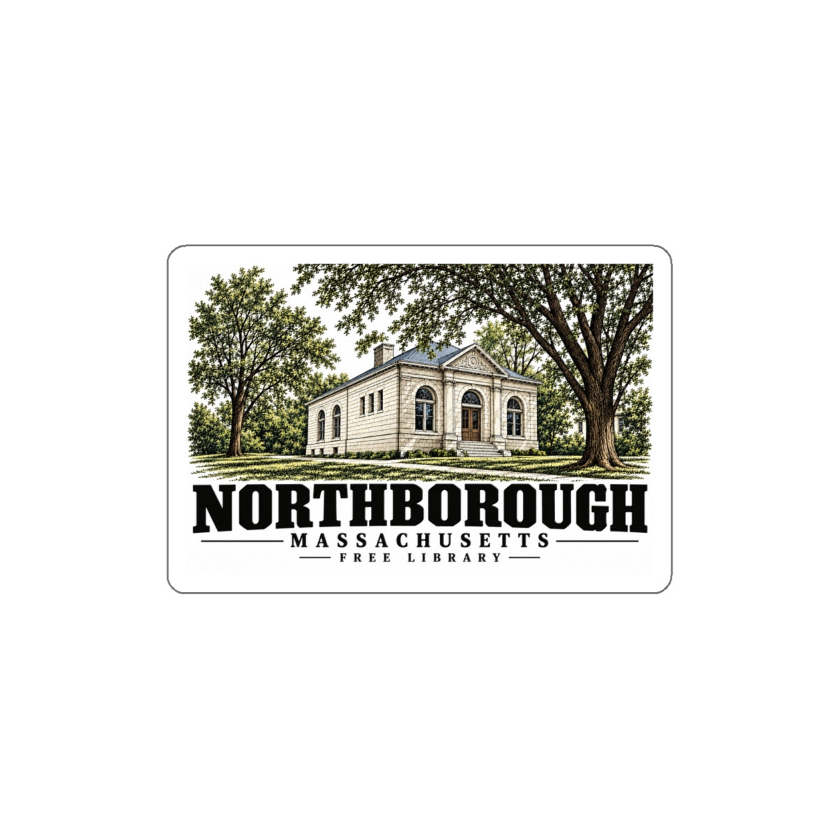 Illustrated Free Library in Northborough on die-cut sticker