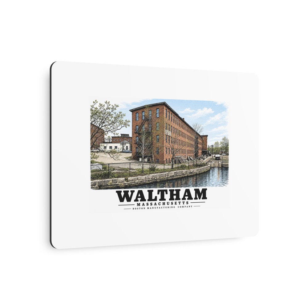 Illustrated Boston Manufacturing Company in Waltham on metal art sign