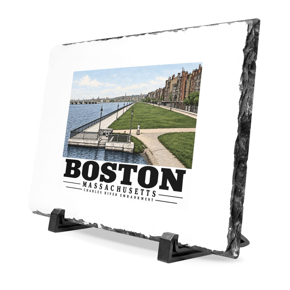Angled rough-edged slate display on black stands showing Charles River Embankment riverside path, lawn and buildings artwork