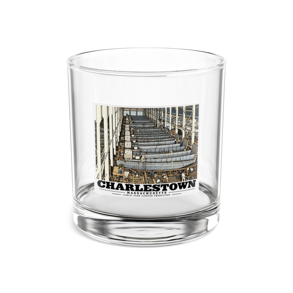 Front of clear 10 oz rocks glass with landing-craft production and Charlestown artwork