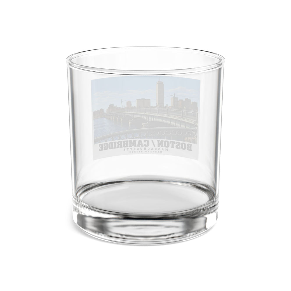 Clear rocks glass rear view showing the reversed Harvard Bridge print through the glass