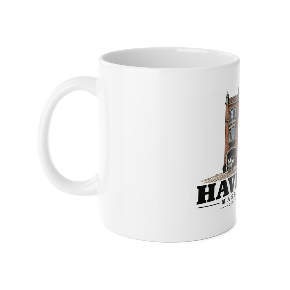 Haverhill Central Fire Station with horse-drawn apparatus 11 oz White Ceramic Mug - Merrimack Valley Goods