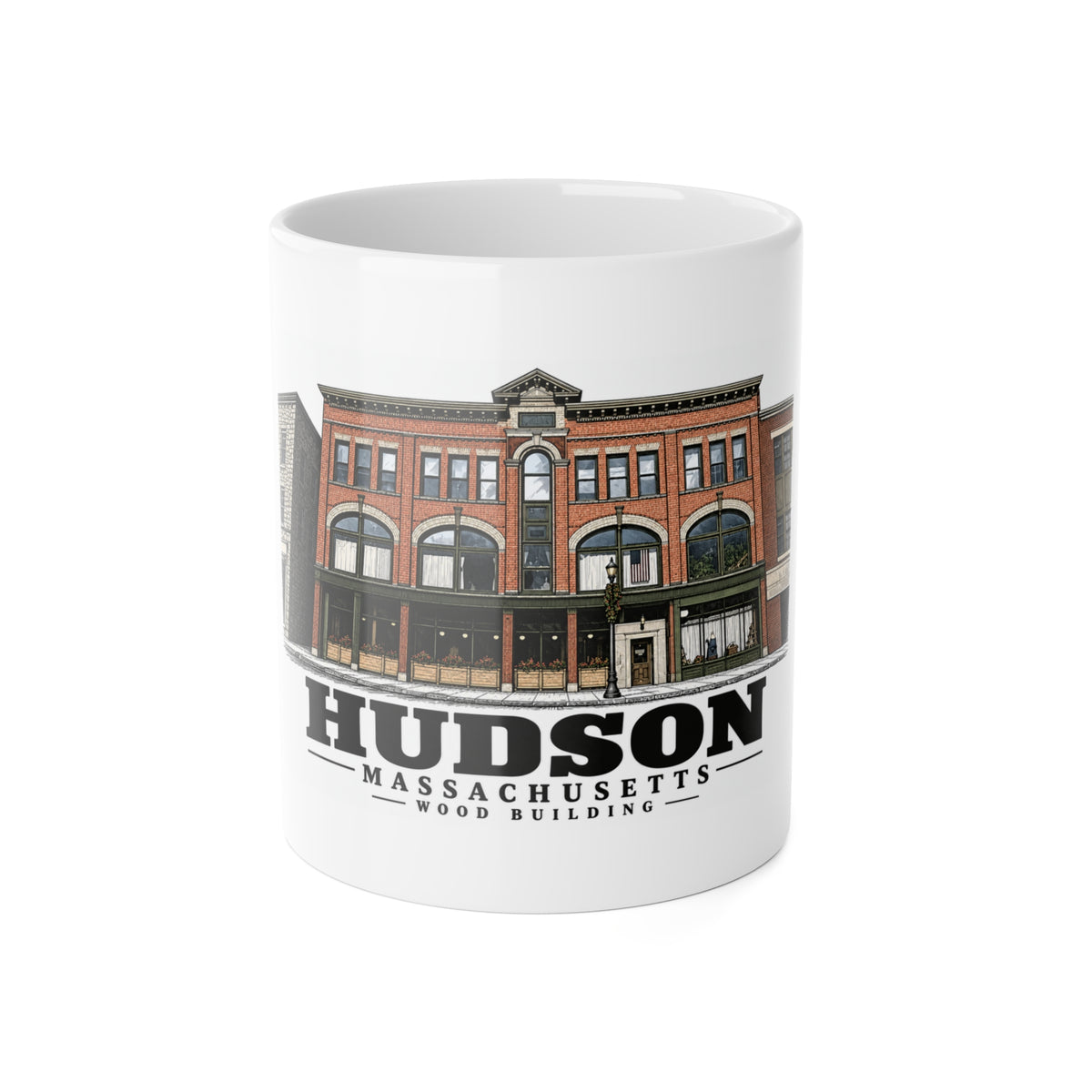 Illustrated Wood Building in Hudson on ceramic mug
