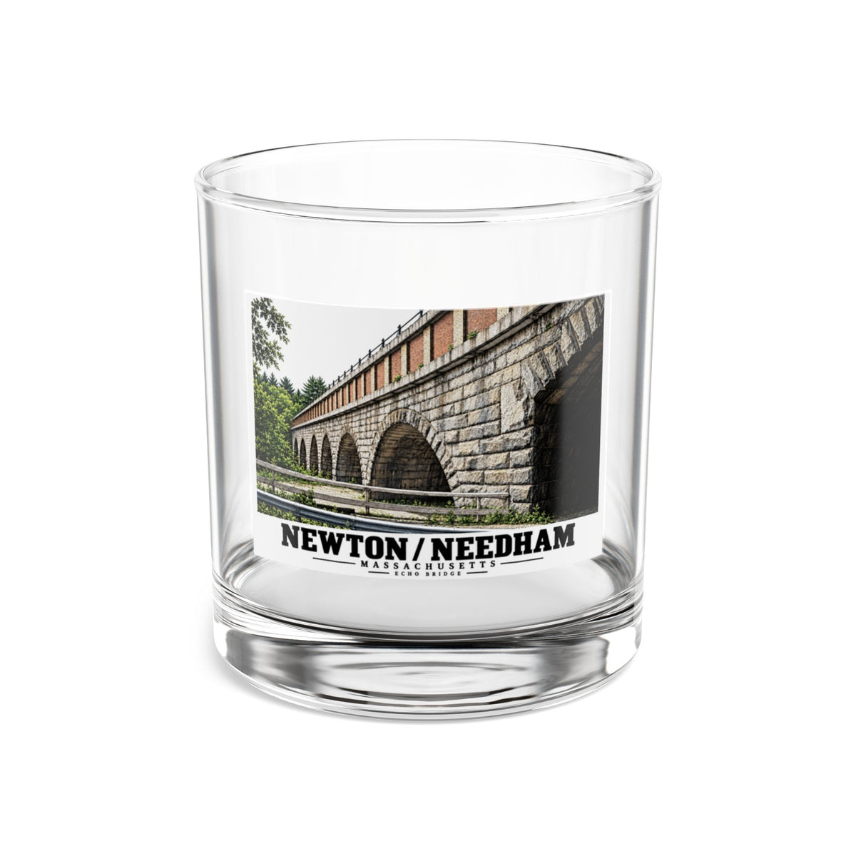Clear rocks glass front with Echo Bridge artwork showing a row of stone arches and a brick upper band, with Newton/Needham lettering.