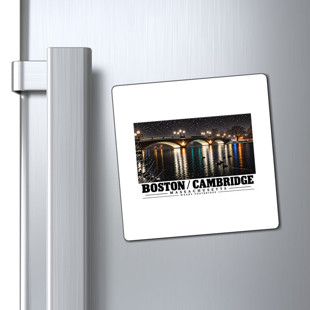 Weeks Footbridge illuminated night view with water reflections magnet on a refrigerator beside its handle