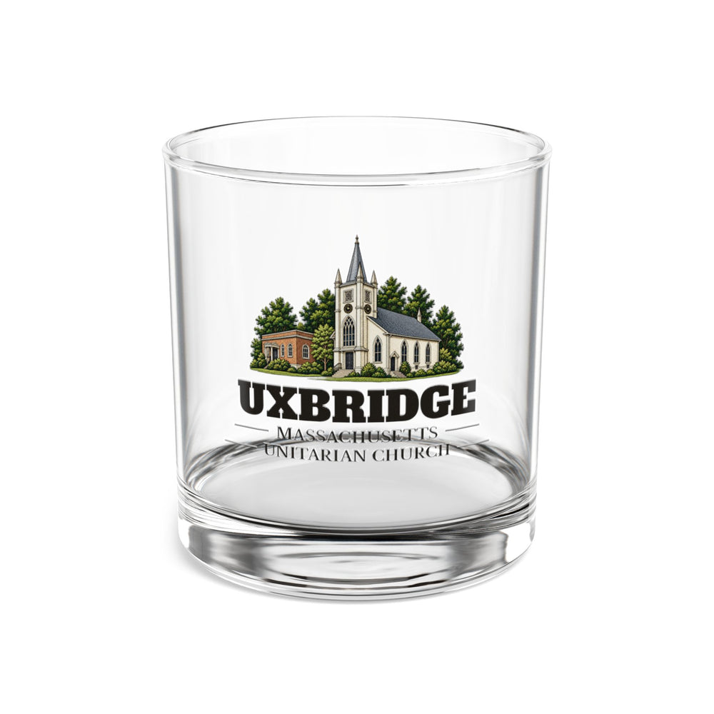 Front view of the Uxbridge Unitarian Church artwork printed on a clear 10 oz rocks glass