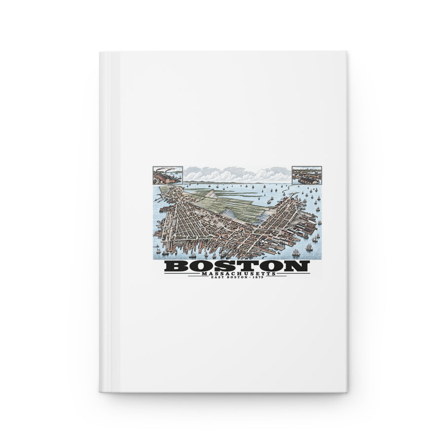 White hardcover journal with East Boston bird-eye city and harbor panorama with inset views artwork and Boston lettering