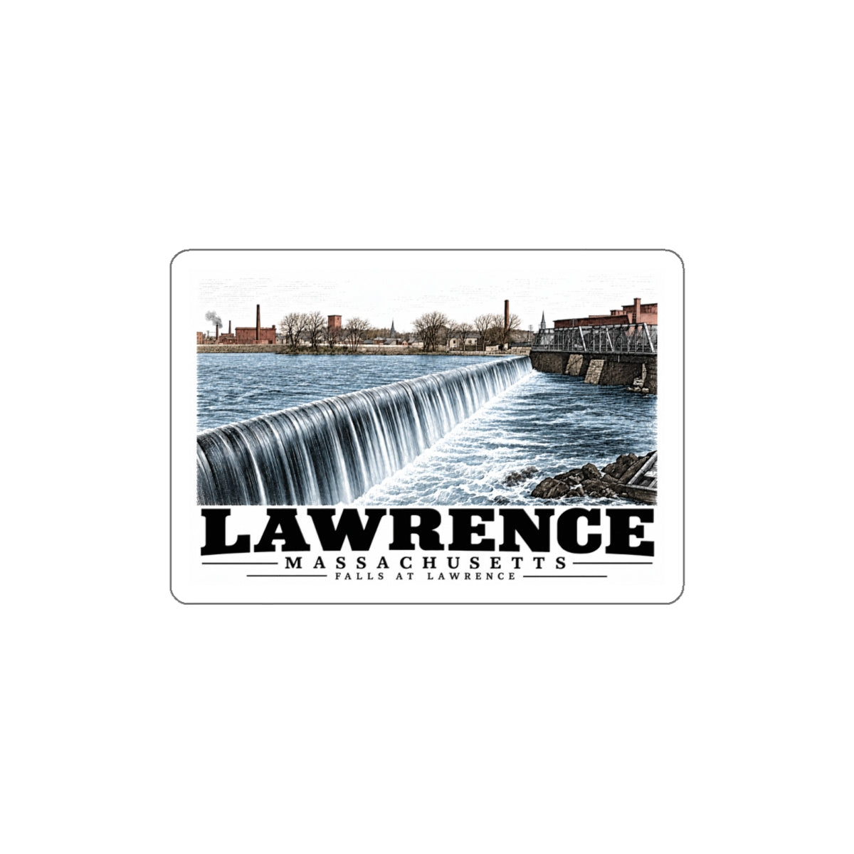 Falls at Lawrence, Lawrence illustration on white die-cut sticker — front view
