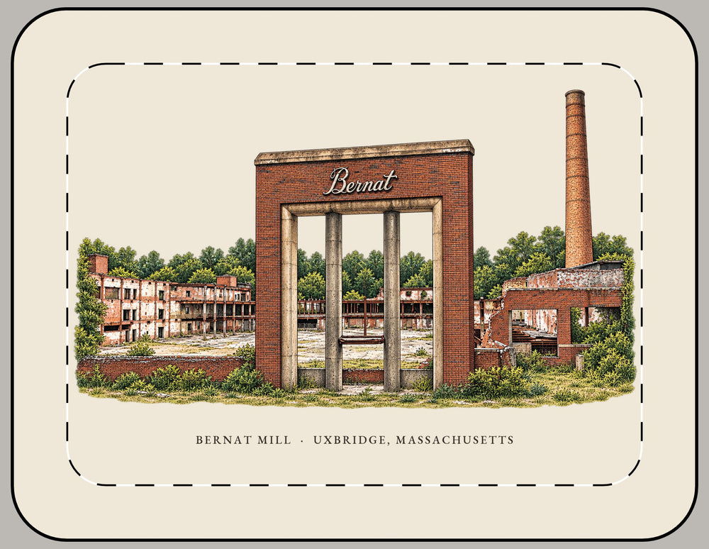 Uxbridge Bernat Mill 15-inch laptop sleeve mockup showing the full illustrated print