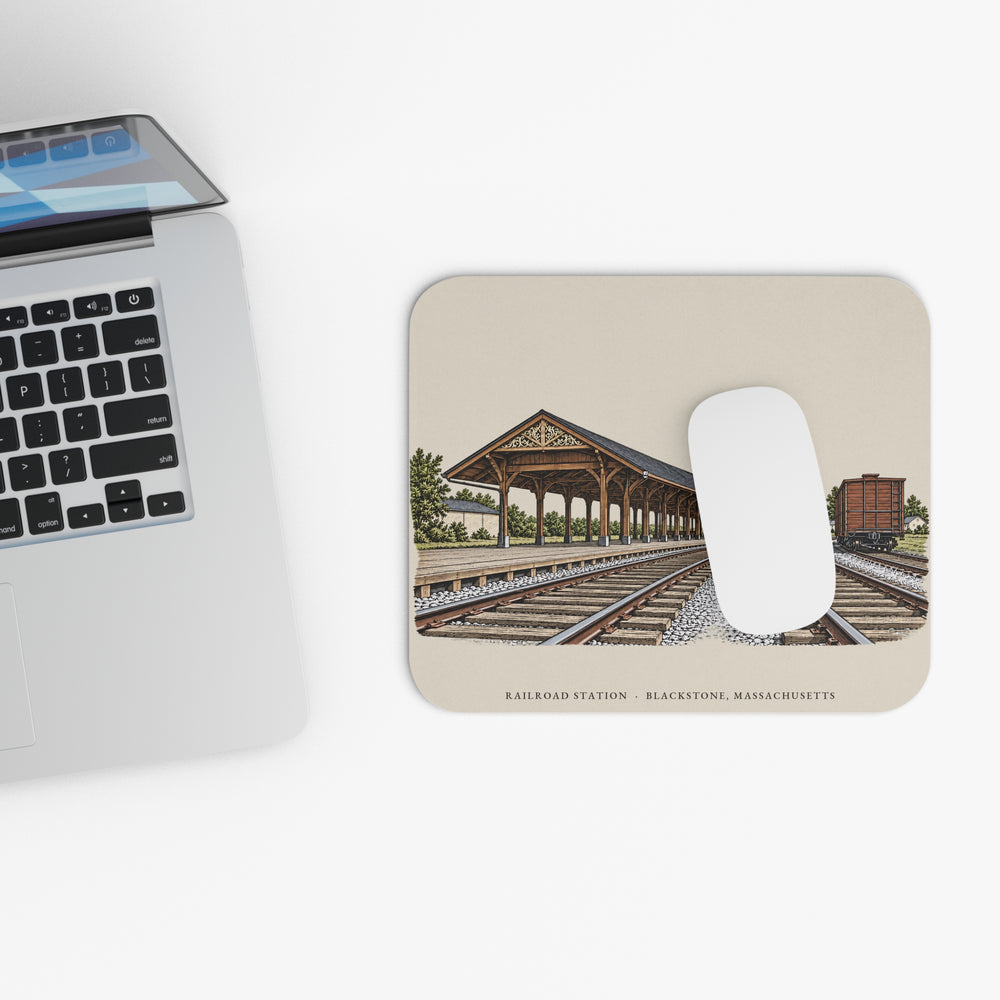 Blackstone Railroad Station mouse pad mockup showing the full illustrated print