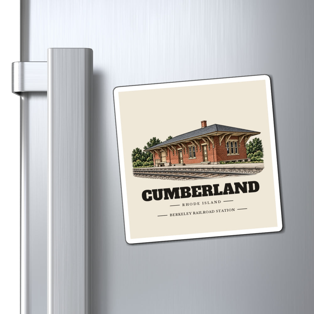 Cumberland Berkeley Railroad Station 4 inch magnet shown on a refrigerator