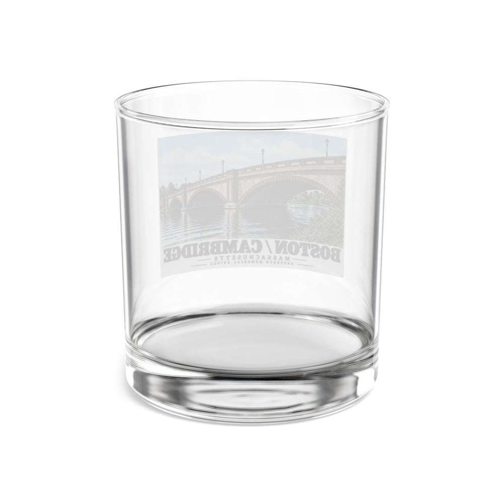 Rear view of clear rocks glass with Anderson Memorial Bridge close arch view print and reversed lettering visible through the glass