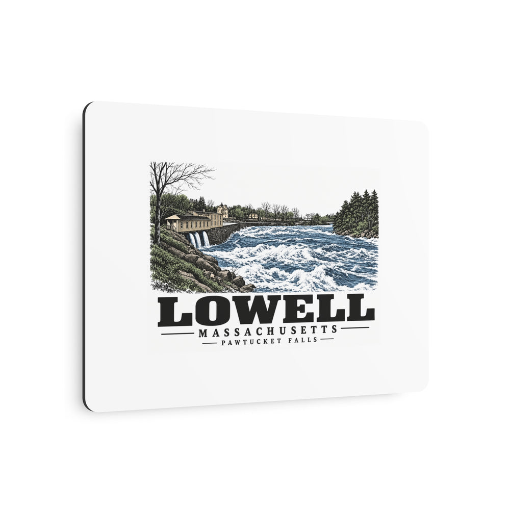 Angled front of Pawtucket Falls metal wall art, with Lowell, Massachusetts artwork and lettering.