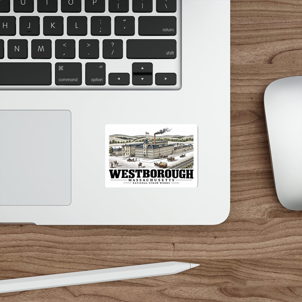 Illustrated National Straw Works in Westborough on die-cut sticker
