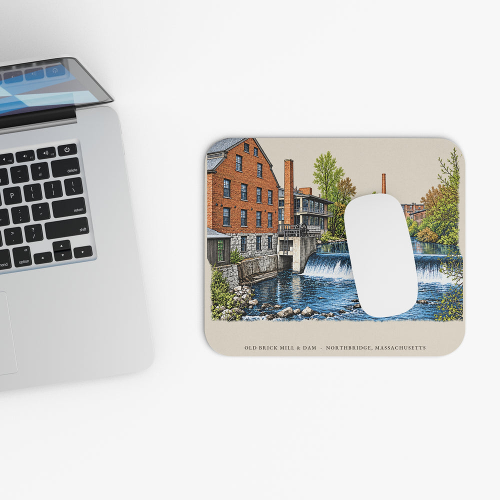 Northbridge Old Brick Mill and Mumford River Dam mouse pad mockup showing the full illustrated print