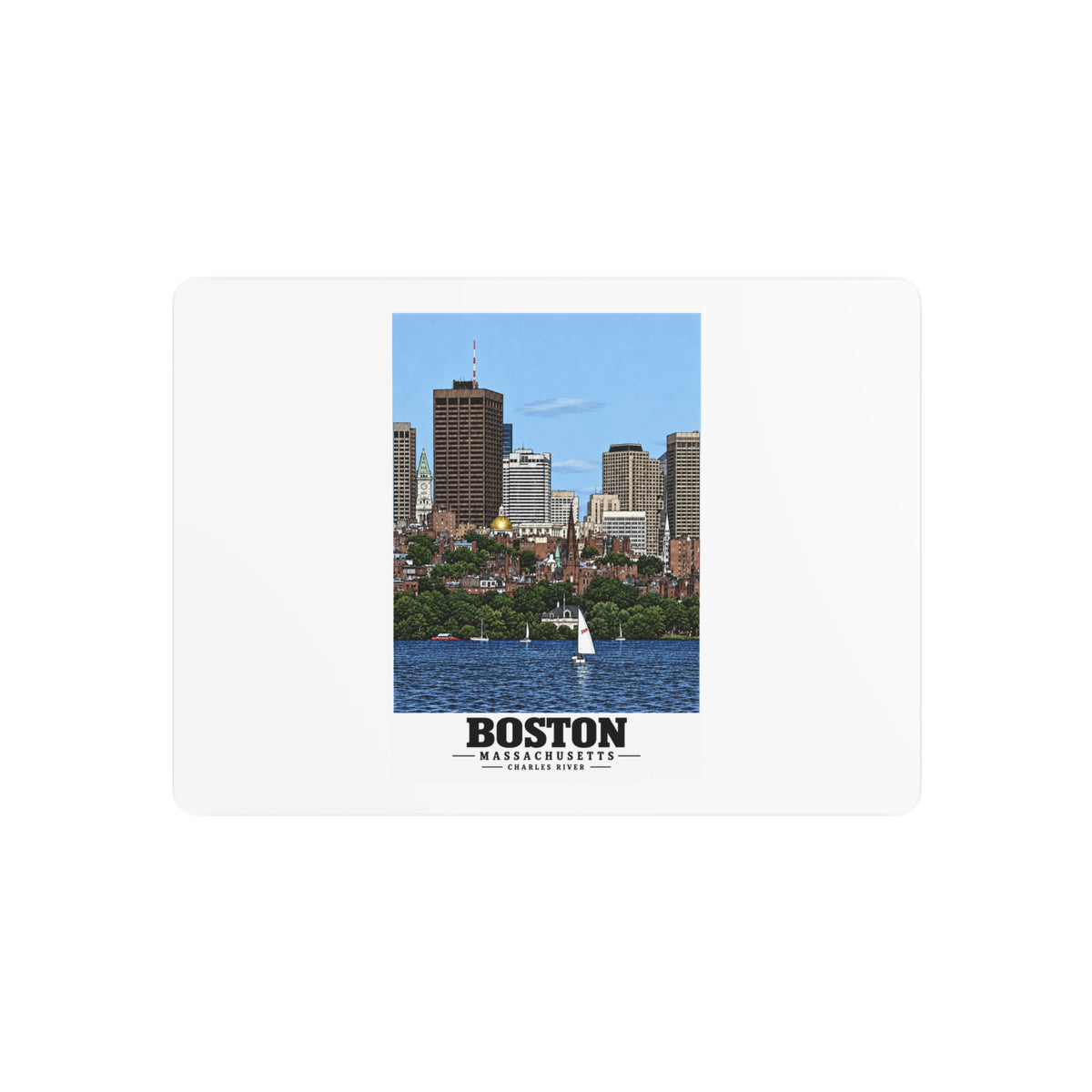 Illustrated View of Boston, Massachusetts, from the Charles River in Boston and Cambridge on metal art sign