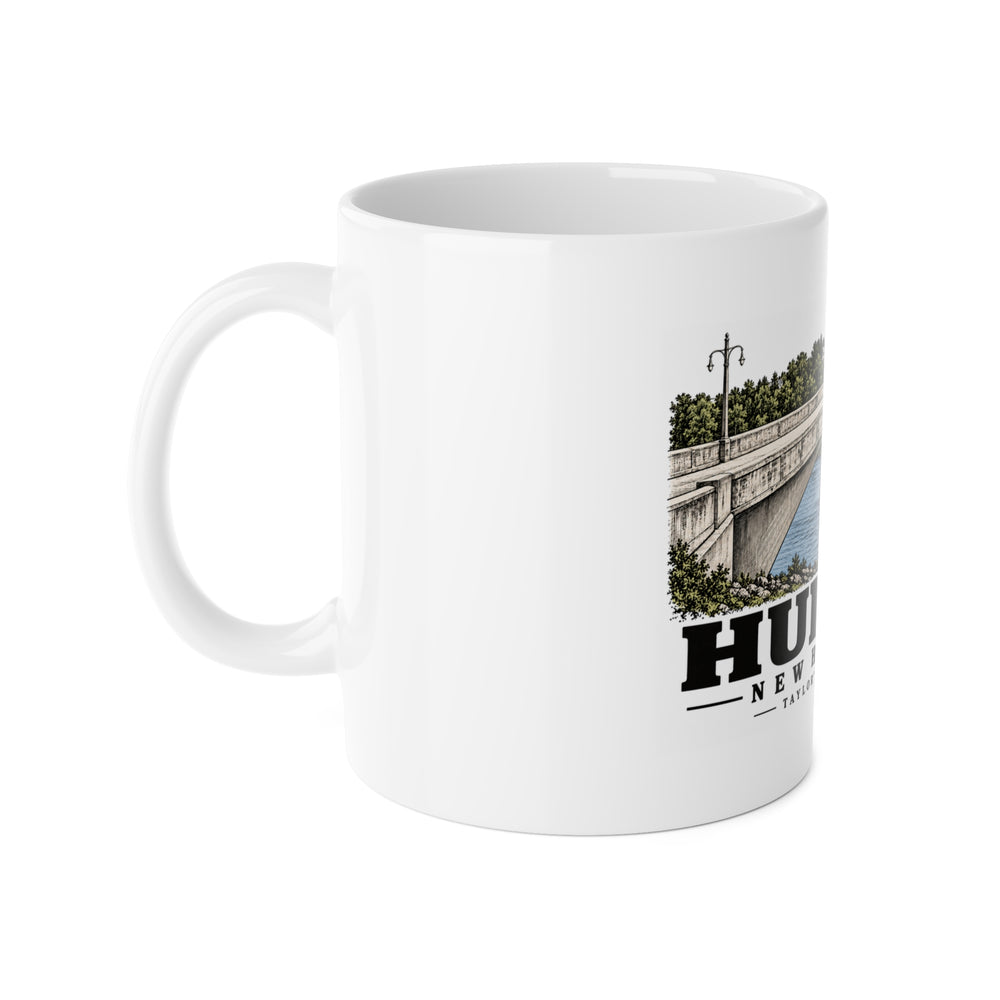 Left-handle side view of Taylor’s Falls Bridge white ceramic mug, Hudson, New Hampshire.