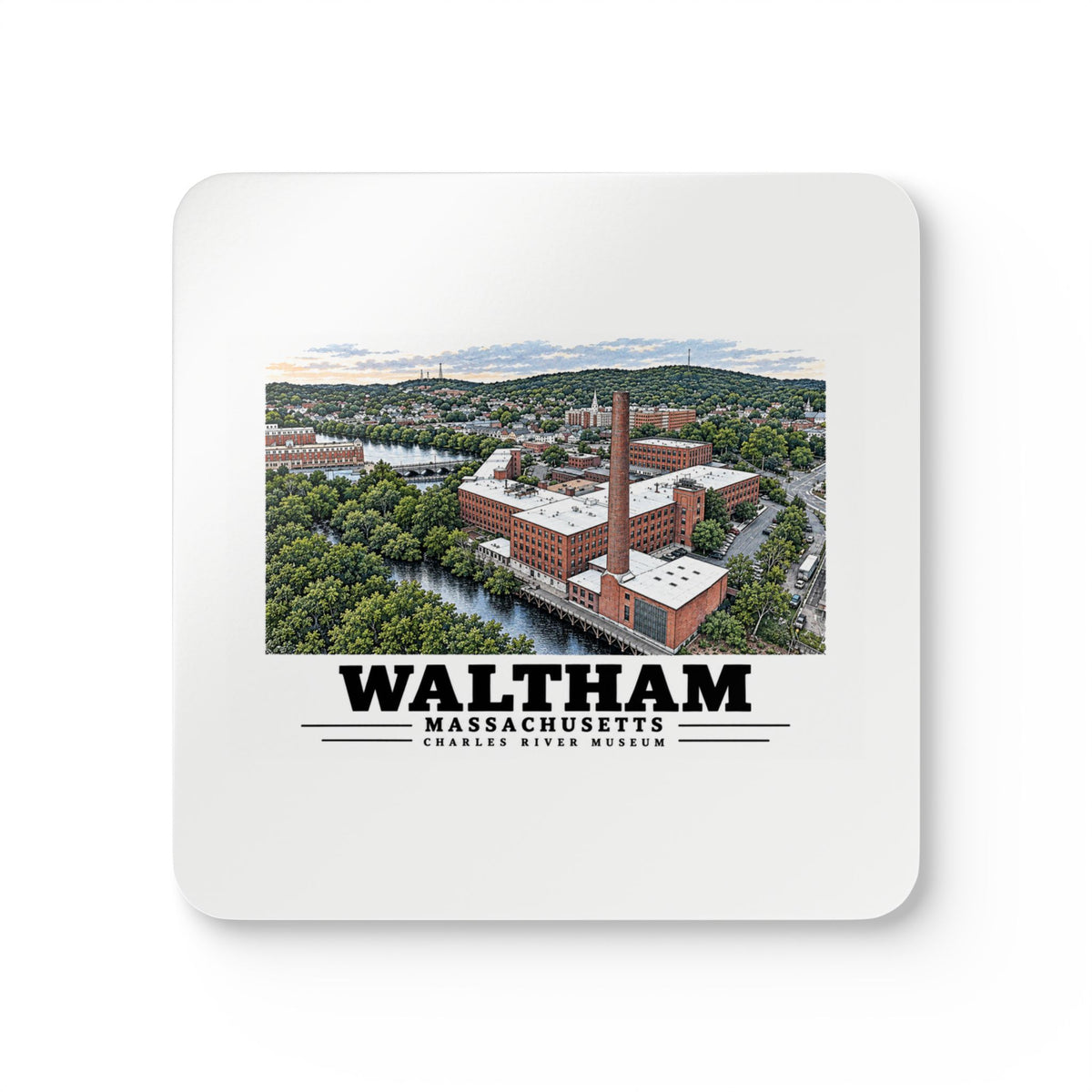 Front view of a cork-backed coaster with Waltham Charles River Museum artwork.