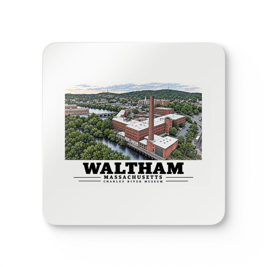 Front view of a cork-backed coaster with Waltham Charles River Museum artwork.