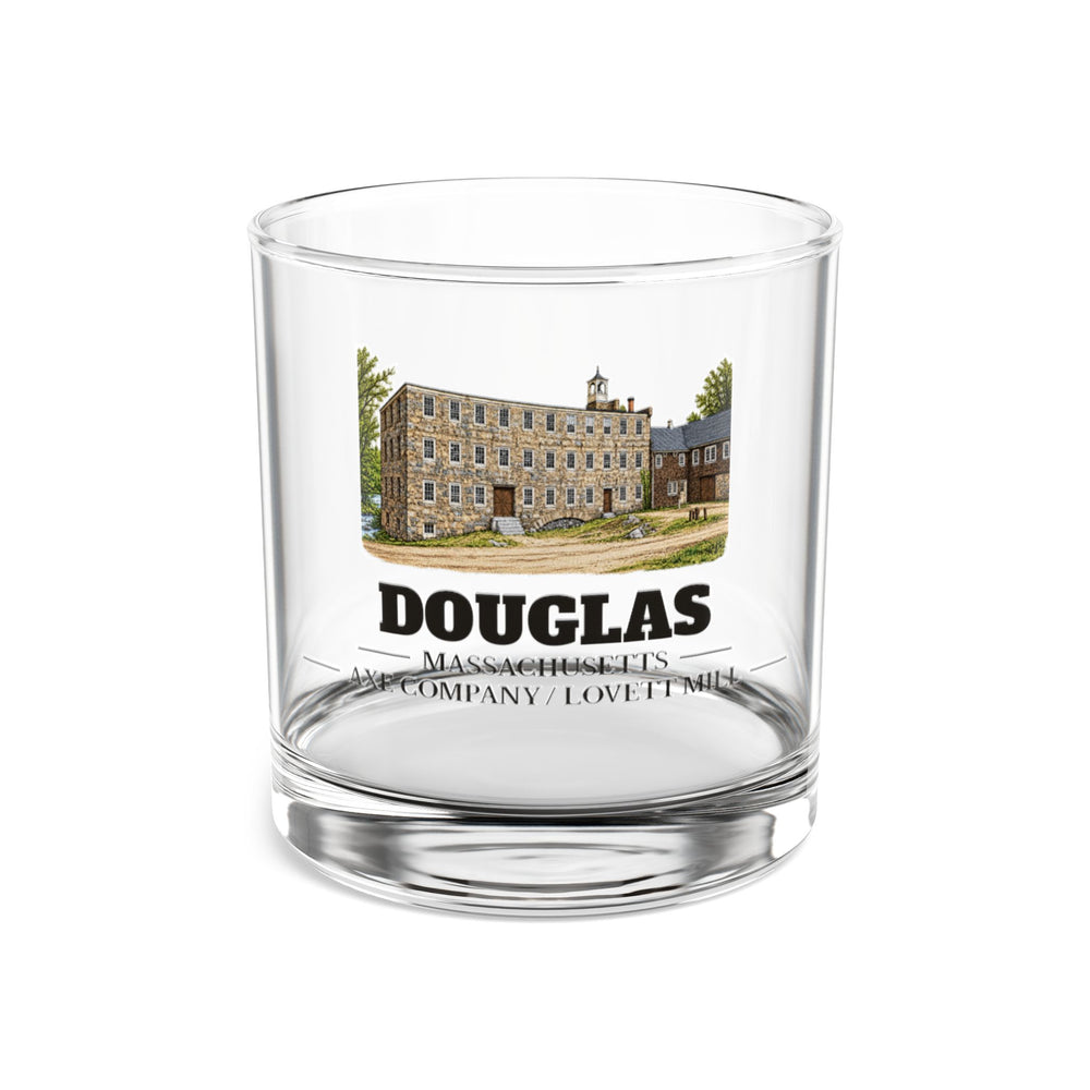 Front view of the Douglas Axe Company / Lovett Mill artwork printed on a clear 10 oz rocks glass